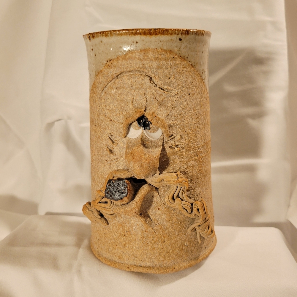 Studio Pottery Signed 3 D Face Tall Stoneware Mug